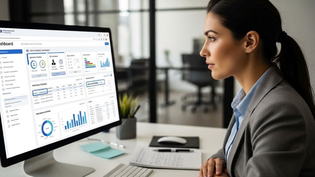 Professional reviewing HR software dashboard on computer screen during interview preparation