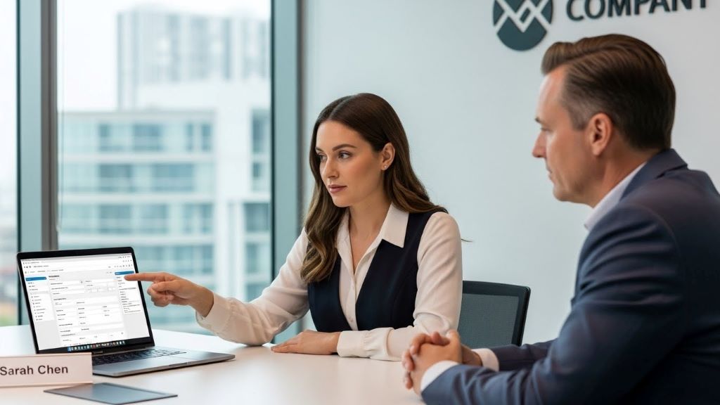 HR assistant candidate demonstrating software proficiency during job interview with hiring manager