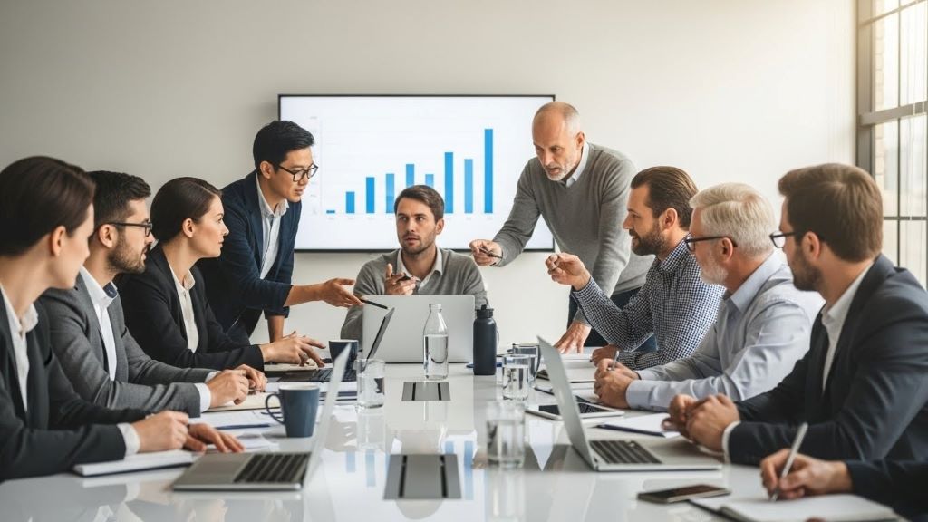 Diverse team of corporate employees collaborating around conference table during business meeting
