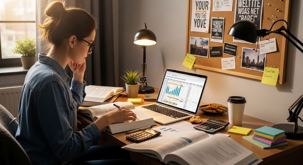 A college student studying finance textbooks and planning career goals on a laptop