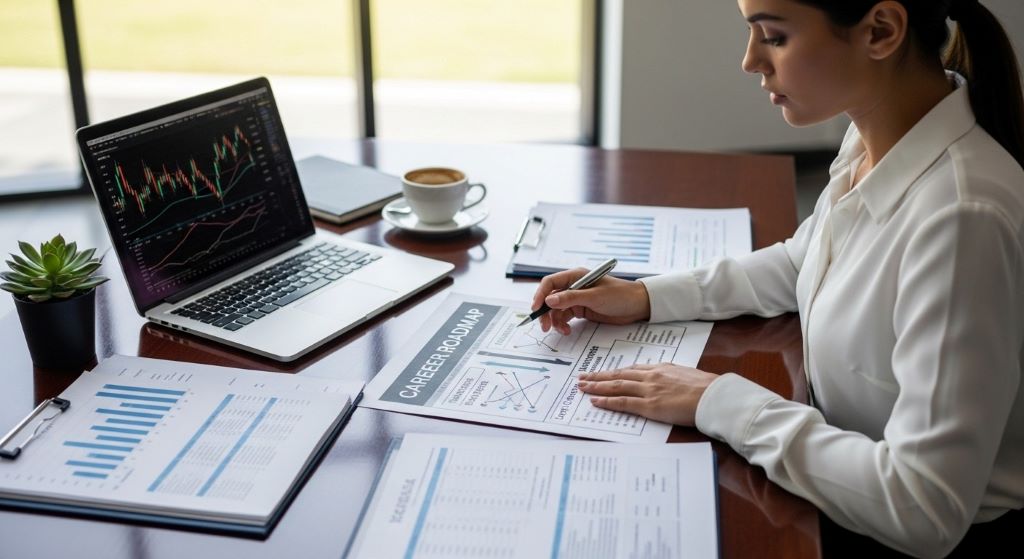 A finance professional reviewing a career roadmap on a desk with charts and documents