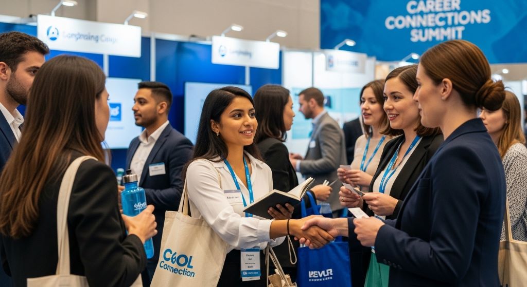 Job seeker networking with professionals at career event