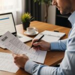 Professional reviewing resume at desk during job search