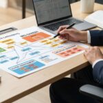 A person reviewing a career path chart with job classification categories on a desk