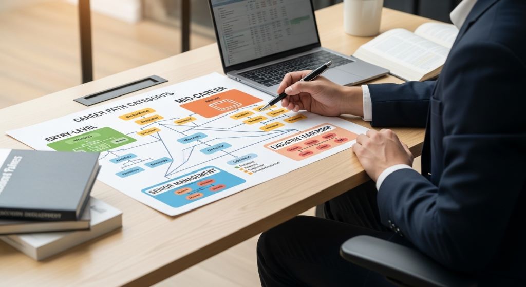A person reviewing a career path chart with job classification categories on a desk