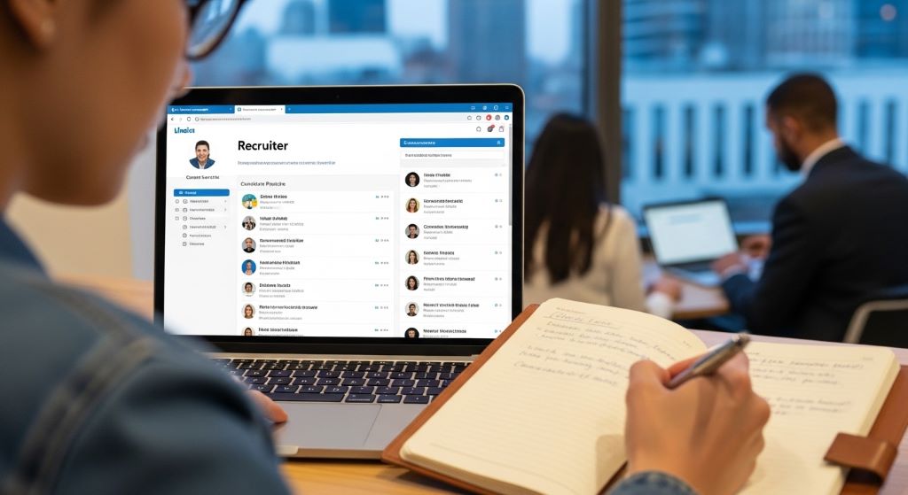 Professional reviewing LinkedIn recruiter profile as part of interview preparation research