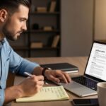 Job seeker analyzing a job description on a laptop to prepare for a recruiter interview