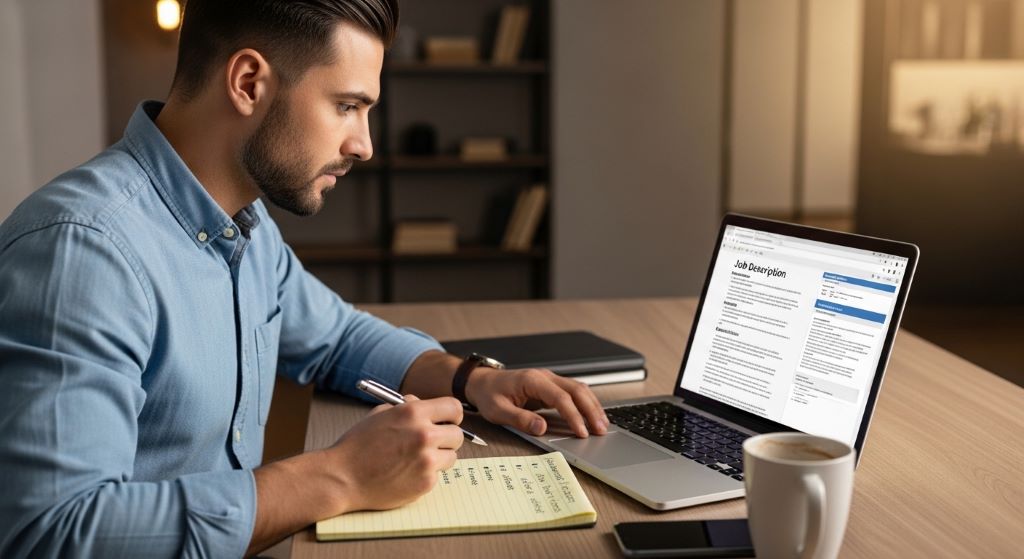 Job seeker analyzing a job description on a laptop to prepare for a recruiter interview