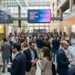 Tech professionals networking at the Madrid Tech Job Fair 2026 inside a modern convention hall