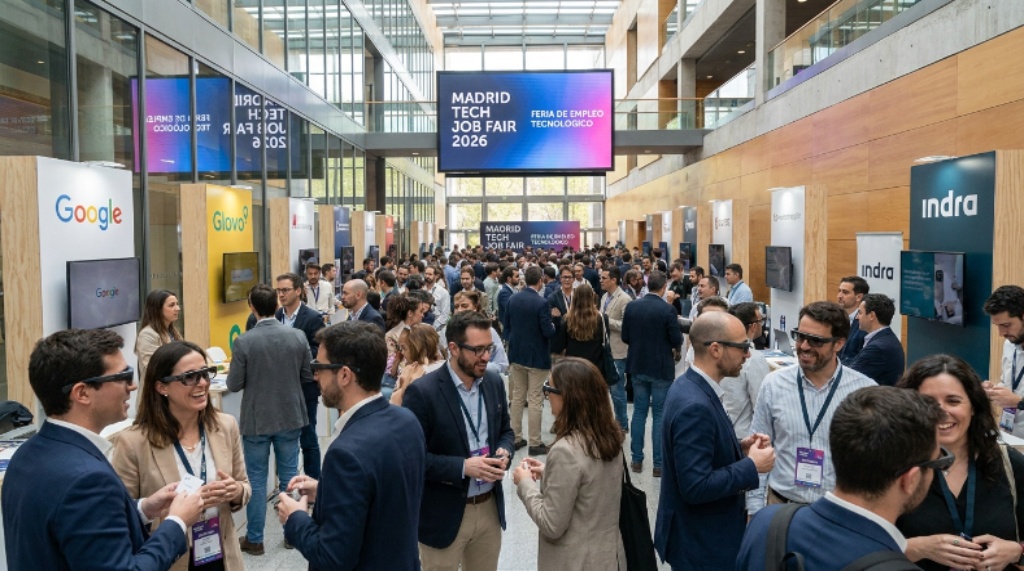 Tech professionals networking at the Madrid Tech Job Fair 2026 inside a modern convention hall