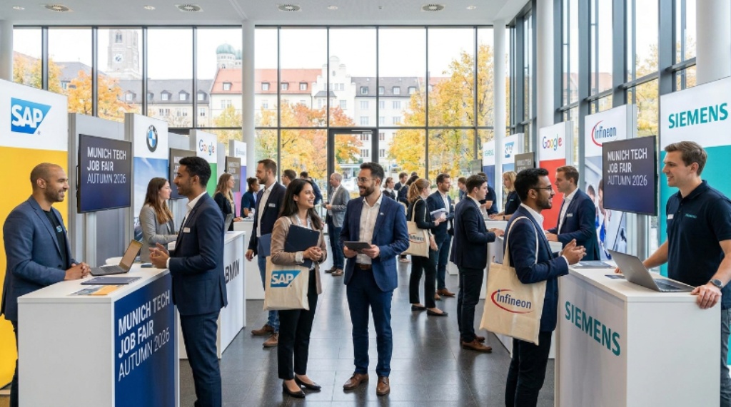 Tech professionals discussing career opportunities with recruiters at Munich Tech Job Fair Autumn 2026