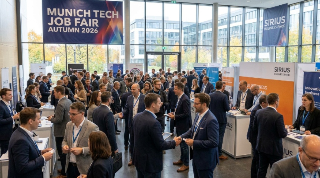 Job seekers networking with employers at Munich Tech Job Fair Autumn 2026 in Sirius Business Park