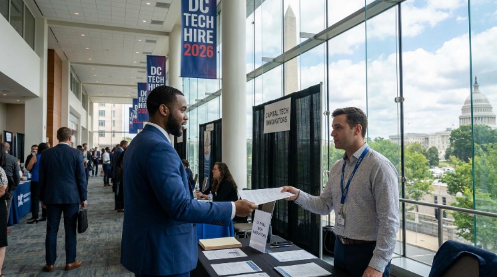 Professional candidate handing resume to recruiter at a Washington DC hiring event in 2026