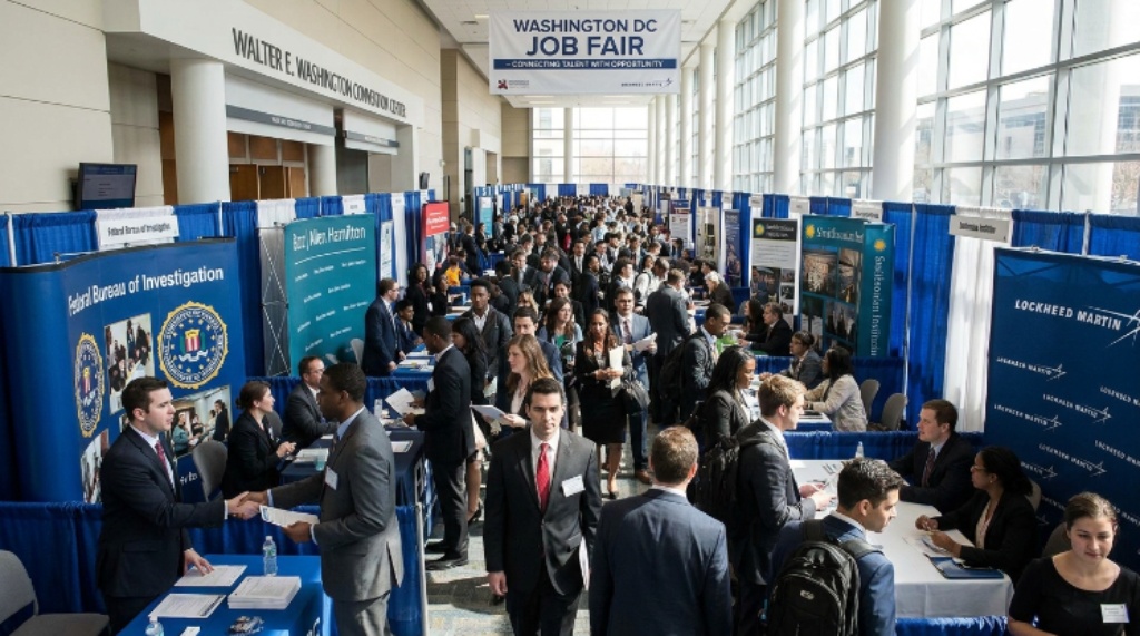 Job seekers networking with employers at the Washington DC Job Fair inside the Walter E. Washington Convention Center