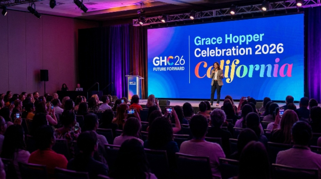 Speaker on stage at Grace Hopper Celebration 2026 conference California