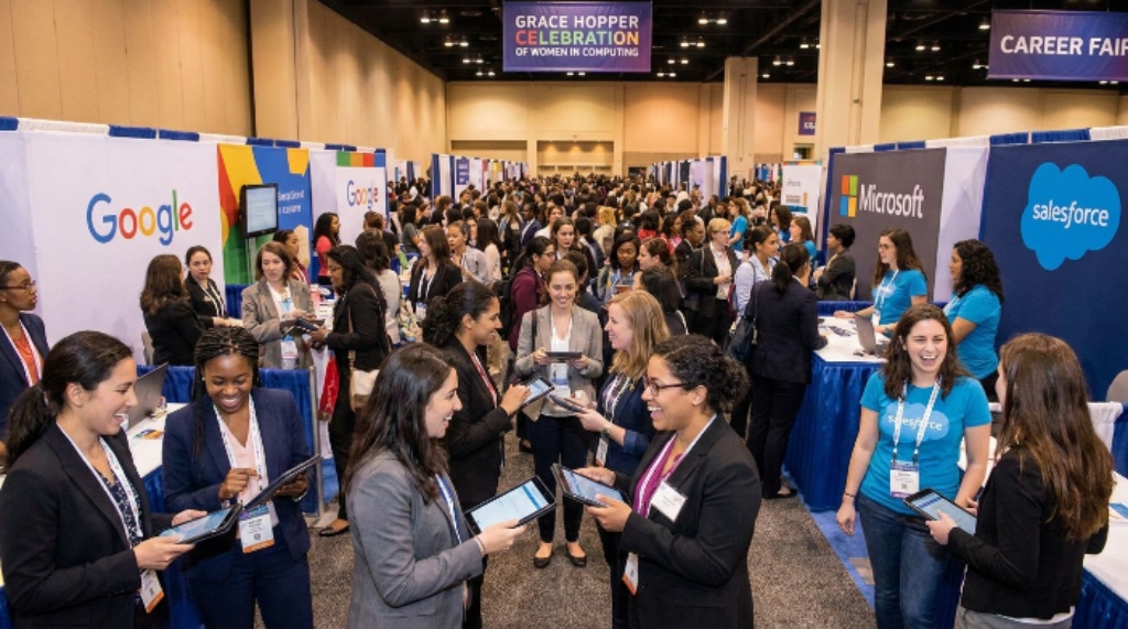 Women technologists networking at Grace Hopper Celebration career fair