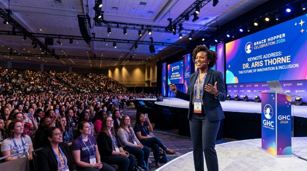 A keynote speaker presenting on stage at Grace Hopper Celebration 2026 with a large audience in attendance