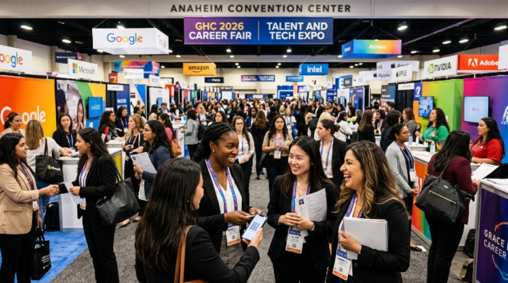 Attendees networking and connecting at the GHC 2026 career fair and Talent and Tech Expo in Anaheim