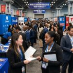 Job seekers networking with media employers at the NABLF Career Fair 2026 in New York City