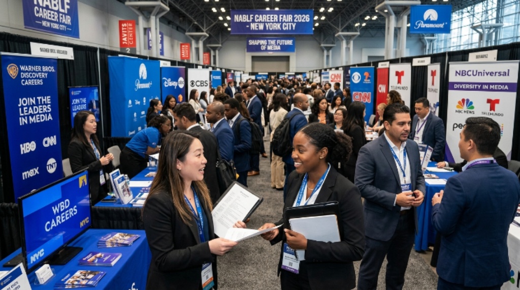 Job seekers networking with media employers at the NABLF Career Fair 2026 in New York City