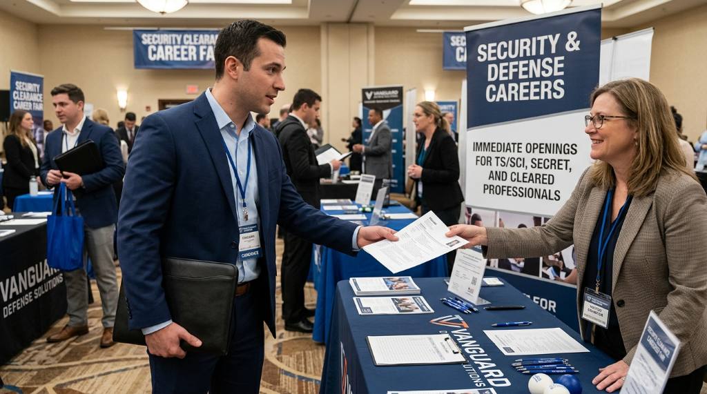 Job seeker handing a printed resume to a hiring manager at a security clearance hiring event