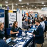 Cleared job seekers meeting recruiters at an in-person career fair booth in Chantilly, Virginia