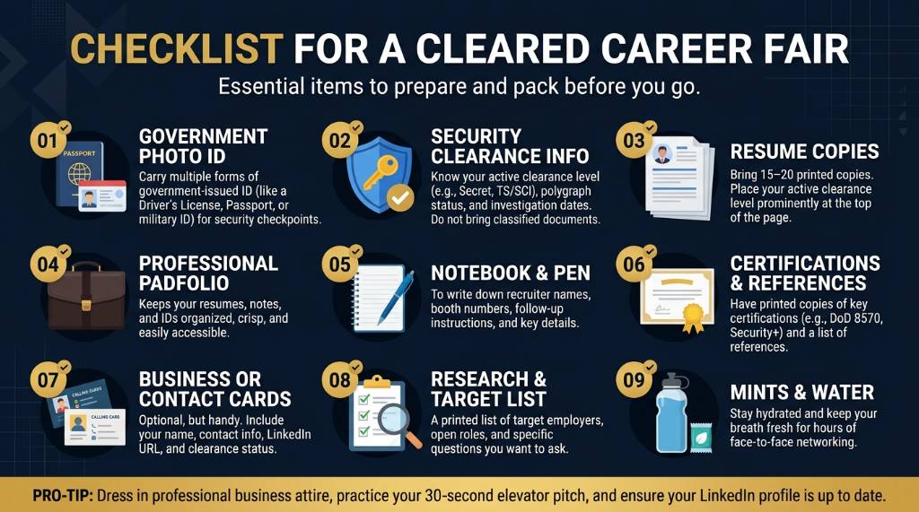 Checklist of items to bring to a cleared career fair, including resume copies and a photo ID