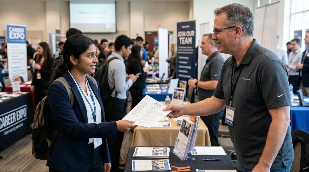 Applicant handing a printed resume to an employer at a career event
