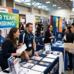 Job seekers talking with recruiters at a busy city hiring fair booth