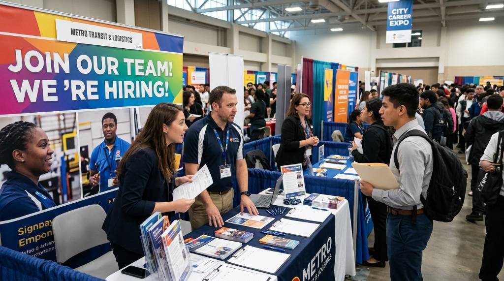 Job seekers talking with recruiters at a busy city hiring fair booth