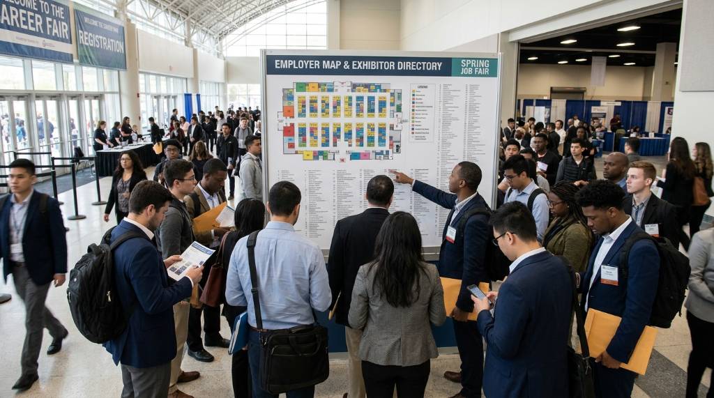 Crowd of visitors reading the employer map at a job fair entrance